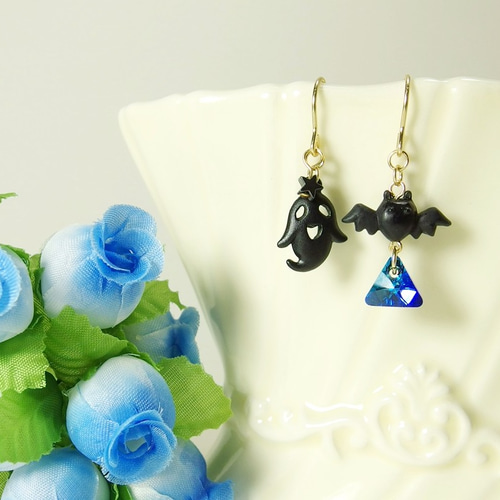 P33*ハロウィンピアス☆天然石ヘマタイト ピアス（フック・チェーン 