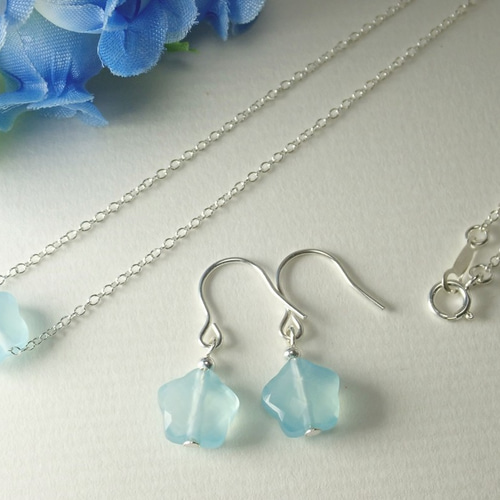 カルセドニー　ブルー　水色　ネックレス　ピアス　クローバー　セット 芸能人 愛用の通販 カルセドニーブルー水色ネックレスピアス
