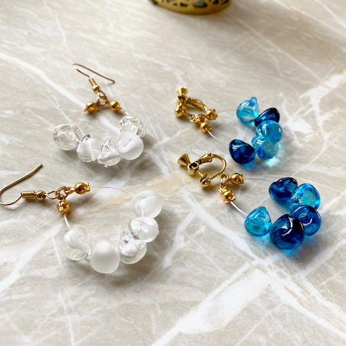ティアドロップビーズの夏アクセサリー イヤリング・ノンホールピアス 