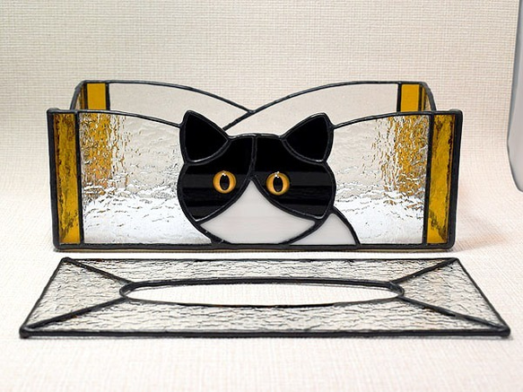 ステンドグラス・猫ティッシユケース 633 1枚目の画像
