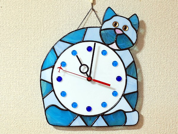 ステンドグラス・猫時計(青) 333 1枚目の画像