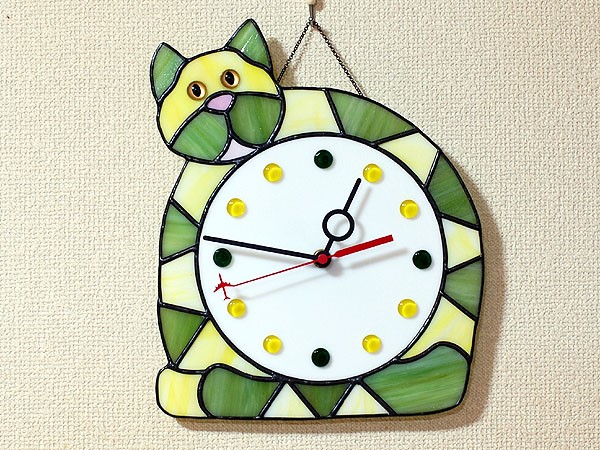 ステンドグラス・猫時計(緑) 334