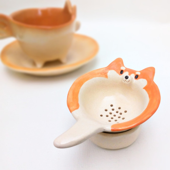 橙色 Shiba Inu 茶濾器 Shiba Inu 陶器濾茶器 第2張的照片