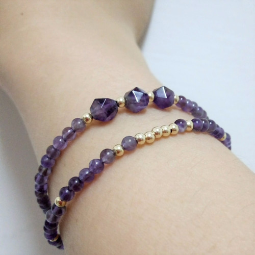 串鍊-切面紫水晶x14KGF.鋼絲線包金扣雙線手鍊手鍊Unas Handmade 的作品