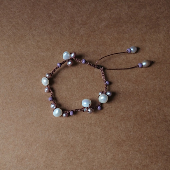 隨性不隨便-[枝枒].珍珠x琉璃.南美蠟線鉤針編織伸縮繩手鍊 第5張的照片