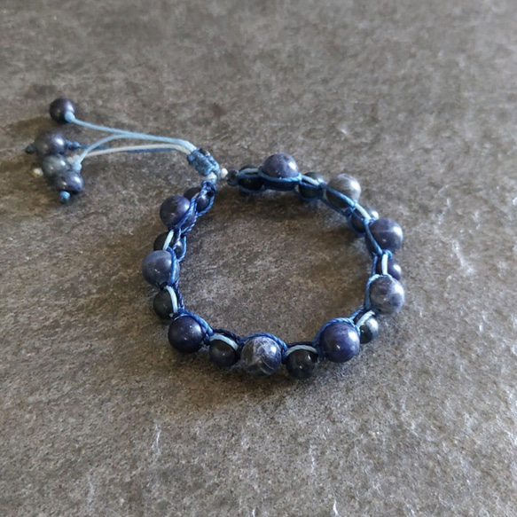 串鍊-[纍纍].藍紋石大小圓珠.南美蠟線繩編雙排手鍊 第3張的照片