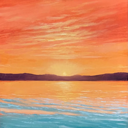 《手描きの油絵作品》オレンジ色の夕焼けと海 1枚目の画像