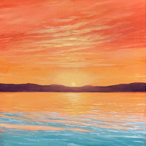 手描きの油絵作品》オレンジ色の夕焼けと海 絵画 JO's art