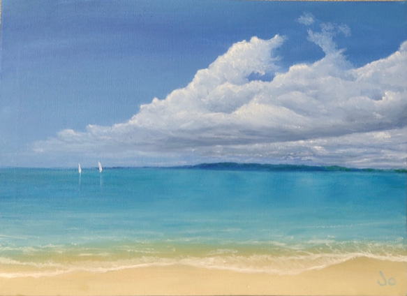 《手描きの油絵作品》白いヨットと青い海 1枚目の画像