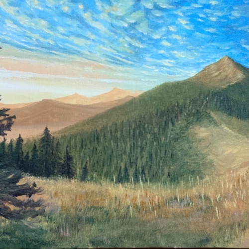 額装油彩画「夕陽の丘道」