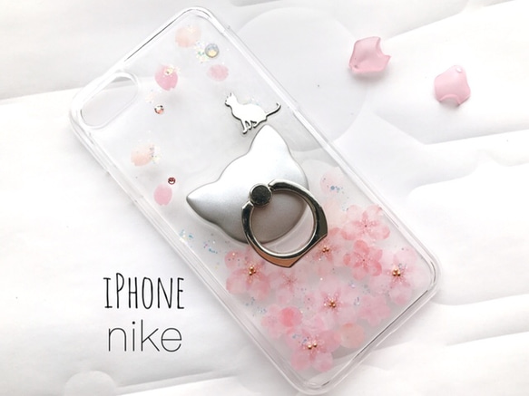 桜 猫 スマホリング付き iPhoneケース 押し花風 スマホケース ハード 