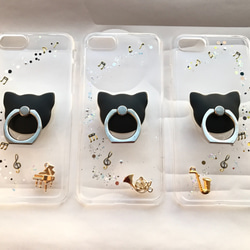 全機種対応 猫 演奏会 ホルン 音楽 楽器 音符 スマホケース iPhoneケース ハードケース クリアケース 4枚目の画像