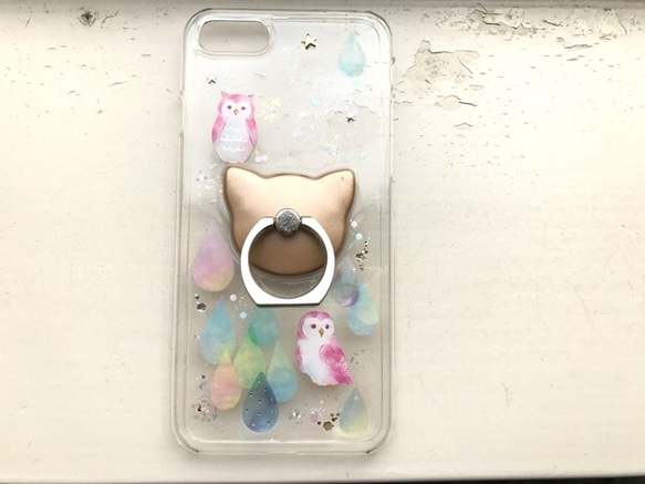 フクロウと雨粒 iPhoneケース 猫 鳥 スマホリング スマホケース ハードケース クリアケース 1枚目の画像