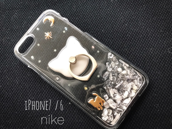 Moonlight~月と猫 天然石 水晶 スマホケース iPhoneケース iPhone8/iPhone7/6/6s 2枚目の画像