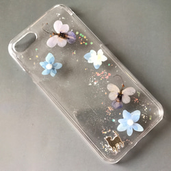 iPhone7/8 押し花ケース～ブルーエルフィン 〈花猫＊蝶々〉 スマホケース 一点物 iPhoneケース 1枚目の画像