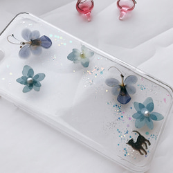 iPhone7/8 押し花ケース～ブルーエルフィン 〈花猫＊蝶々〉 スマホケース 一点物 iPhoneケース 3枚目の画像