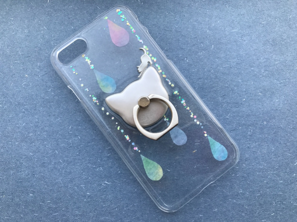 《全機種対応》猫/雨/しずく 選べる スマホリング iPhoneケース/スマホケース/クリアハードケース 2枚目の画像