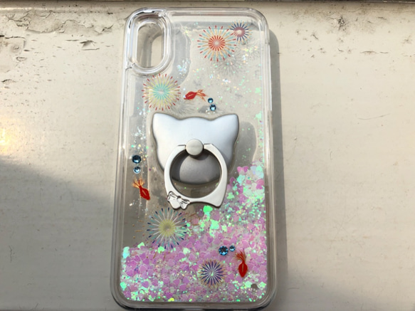 ゆれるハートホログラム 猫と金魚 花火 スマホケース スマホリング iPhonex iPhonexs iPhoneケース 2枚目の画像