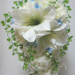 アマリリスとしゃくやくのキャスケードブーケ♪ブートニア付き♪生花みたいに綺麗な造花です♪高品質なのに安い 3枚目の画像