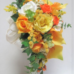 ミモザとカラーのティアドロップブーケ♪ブートニア付き♪生花みたいに綺麗な造花です♪高品質なのに安い 5枚目の画像