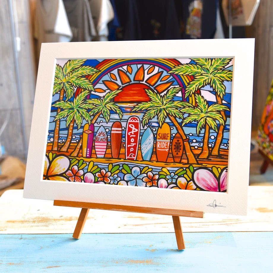 ハワイアート／マット額装付き絵(椰子のネイティブハウス)1枚