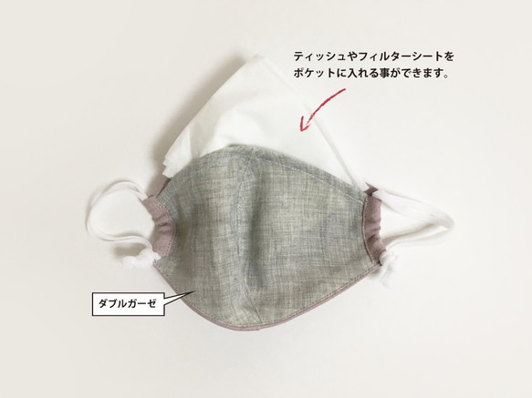 リネンとダブルガーゼのポケット仕様立体マスク_ リバティ ”Mina"イエロー系 6枚目の画像