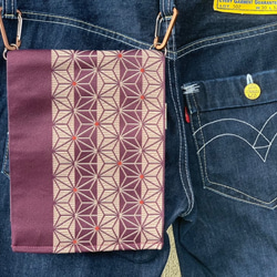 手ぶらでお出かけ！新品の帯地で作ったヒップバッグ「おともし帯（たい）」紫　麻の葉　サコッシュ　ポーチ　朱印帳入れにも 1枚目の画像