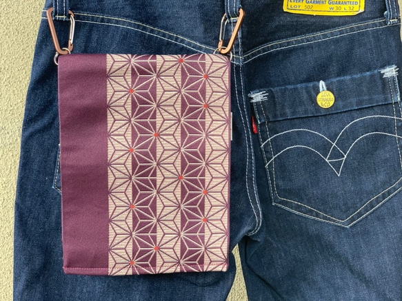 手ぶらでお出かけ！新品の帯地で作ったヒップバッグ「おともし帯（たい）」紫　麻の葉　サコッシュ　ポーチ　朱印帳入れにも 1枚目の画像