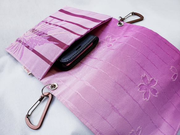 手ぶらでおでかけ！新品の帯地で作ったヒップバッグ「おともし帯（たい）」ピンク糸菊　ポシェット☆サコッシュ☆スマホケース 4枚目の画像