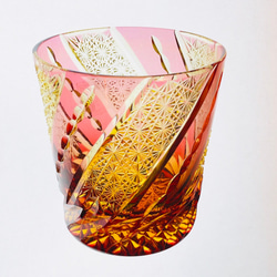 新作　江戸切子の店　送料無料　無料包装　結婚祝　記念品　還暦祝　海外土産　琥珀色金赤せクリスタル　ロックグラス風車 2枚目の画像