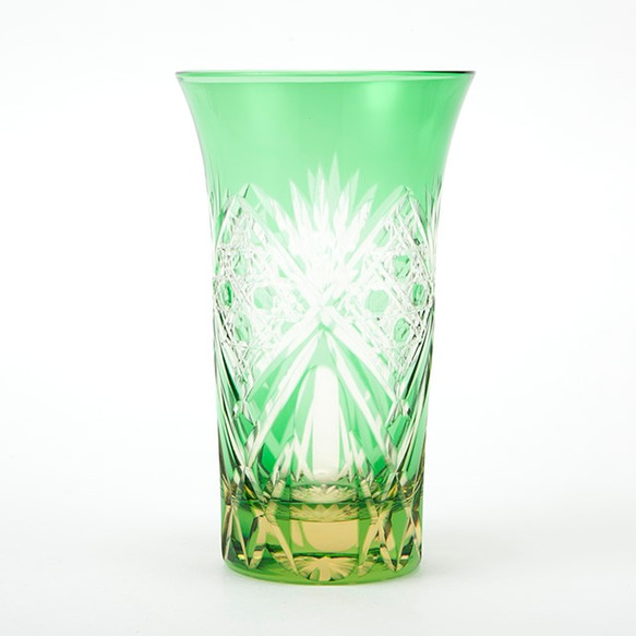 江戸切子　無料包装　記念品　結婚祝　退職祝　海外土産　切子　切子グラス　琥珀色緑被せビールグラス（大）　冷酒グラス 2枚目の画像