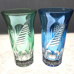 江戸切子 伝統工芸品 冷酒グラス ビールグラスペア（緑、水色）結婚祝