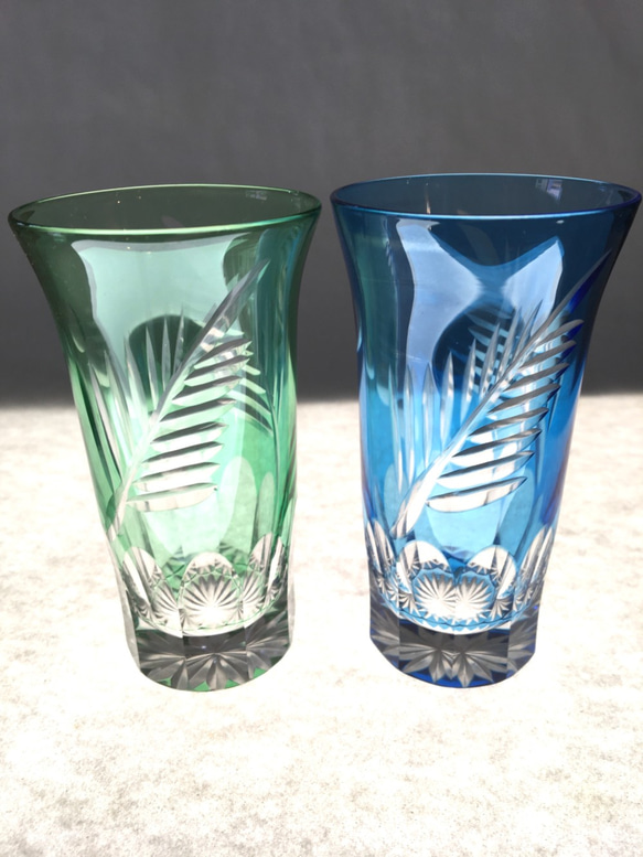 江戸切子 伝統工芸品 冷酒グラス ビールグラスペア（緑、水色）結婚祝