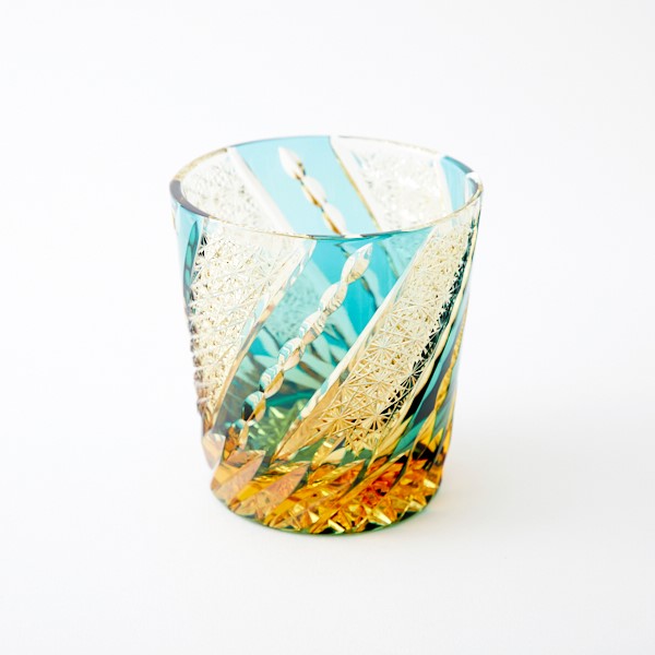 新作　江戸切子　琥珀色緑せクリスタルガラス　ロックグラス        Ω