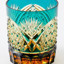 色被せ切子 クリスタル製 浅鉢/向付切琥珀色に緑色被せ 色被せ切子