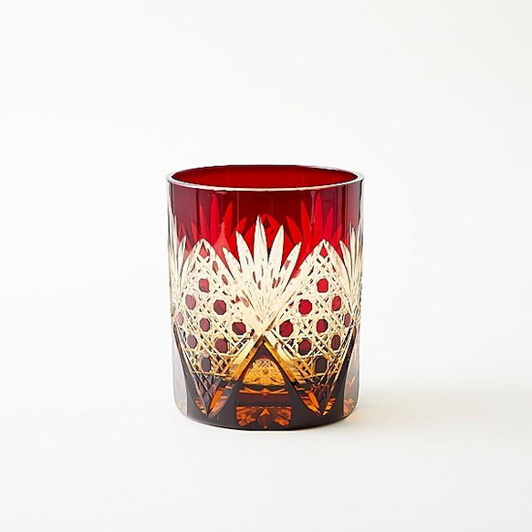 江戸切子 琥珀色赤被せロックグラス 1枚目の画像