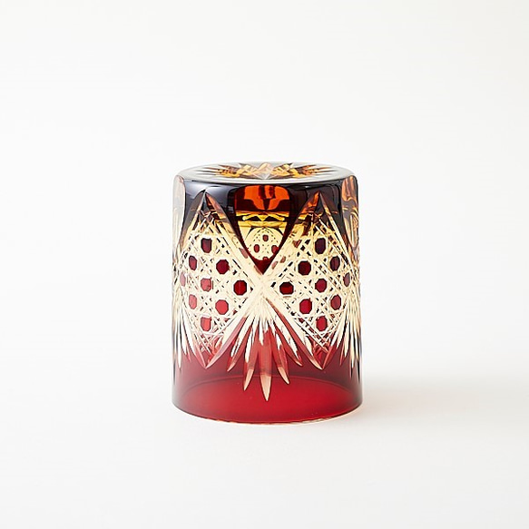 江戸切子 琥珀色赤被せロックグラス 2枚目の画像