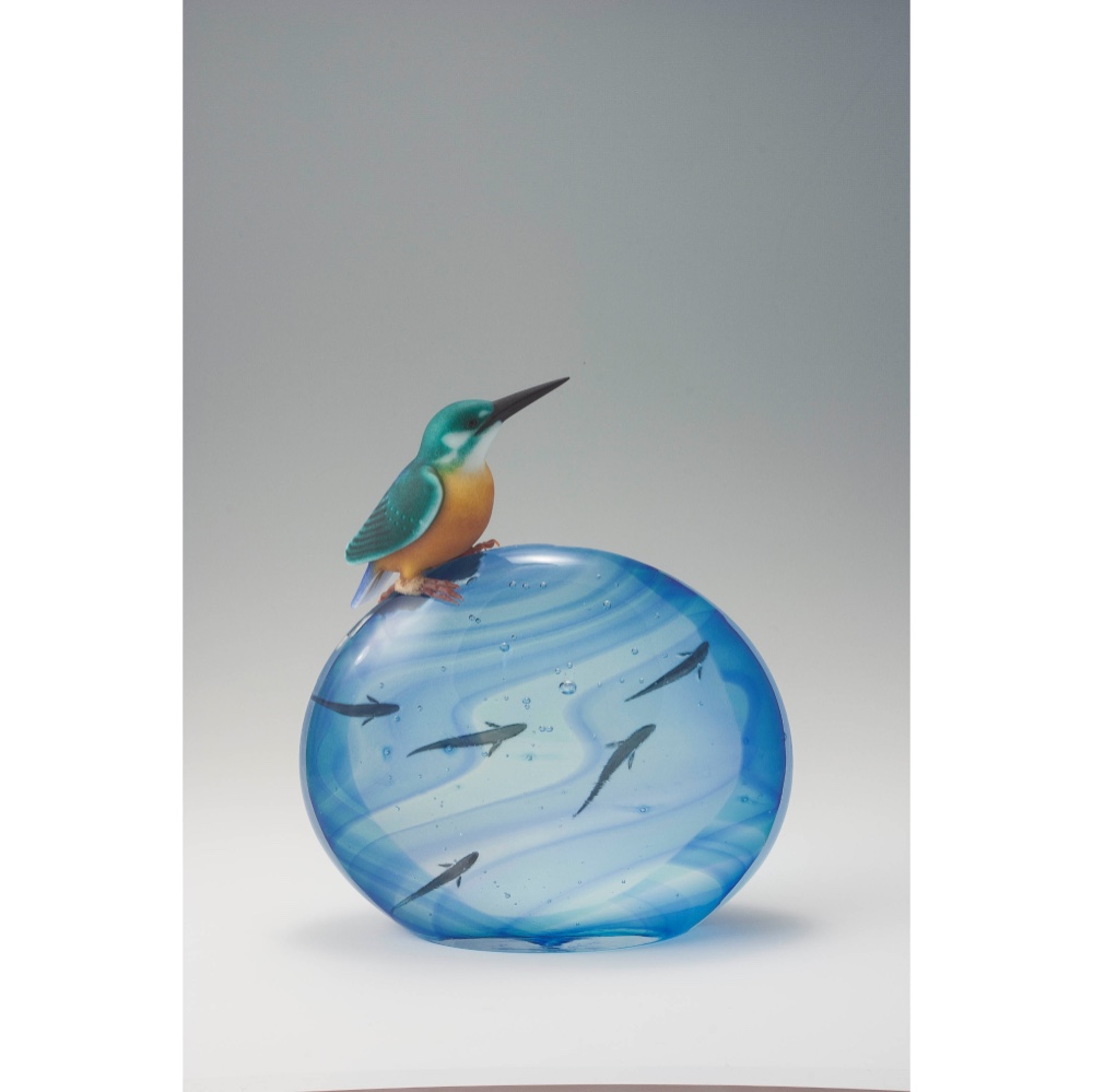 【インテリア　オーナメント（クリスタルのカワセミ）】翡翠はサンドブラスト仕上げ