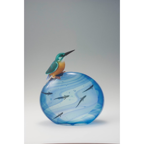 ガラス オブジェ「清流」翡翠（カワセミ） 立体・オブジェ Glass