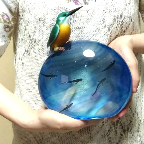 ガラス オブジェ「清流」翡翠（カワセミ） 立体・オブジェ Glass