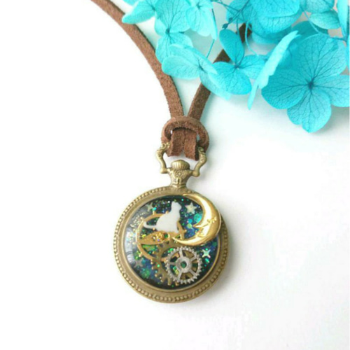 No.1161】UVレジン 宇宙 歯車 猫 懐中時計 ネックレス ネックレス