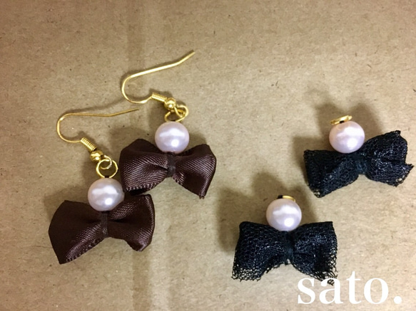 一粒パールリボンピアス◉All500円 2枚目の画像