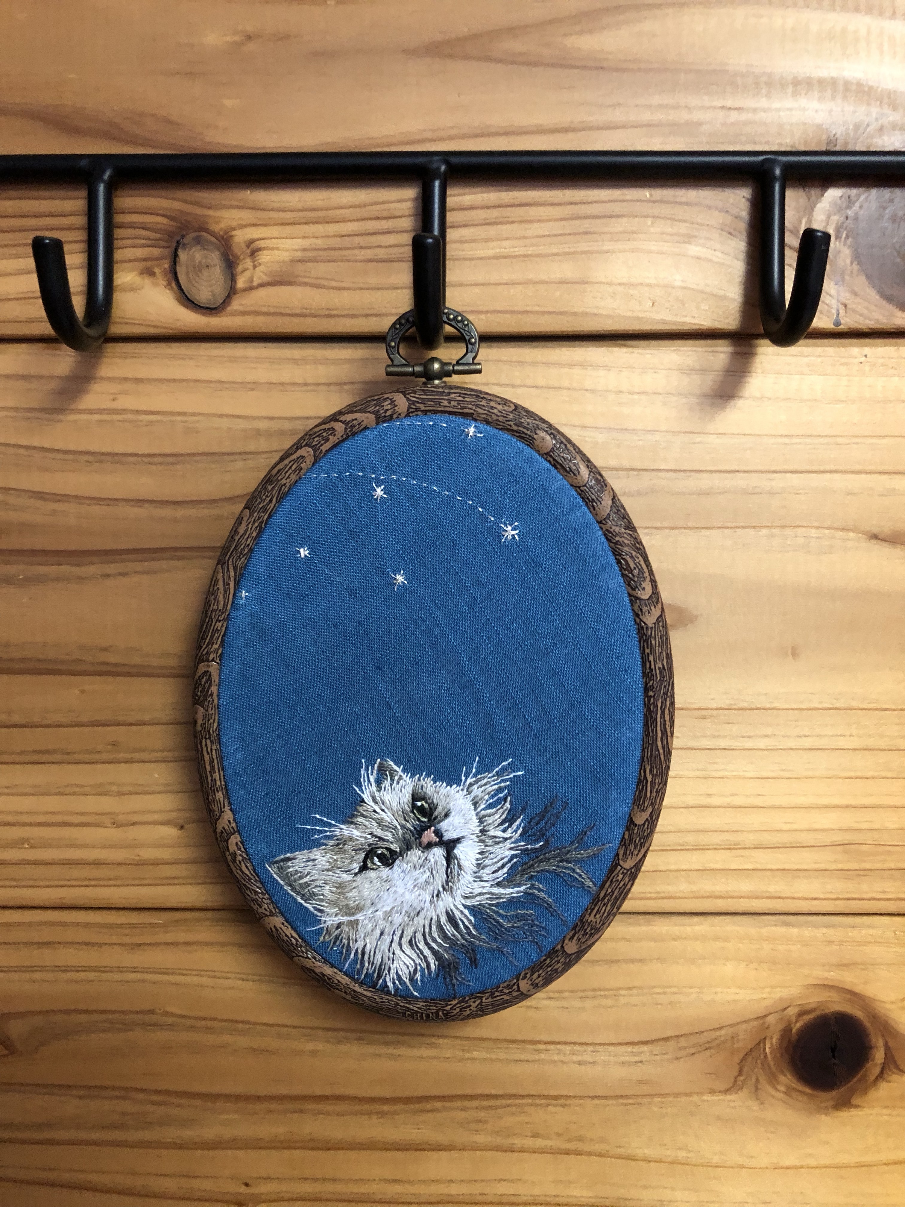 星降る夜の猫ちゃん、額入り手刺繍