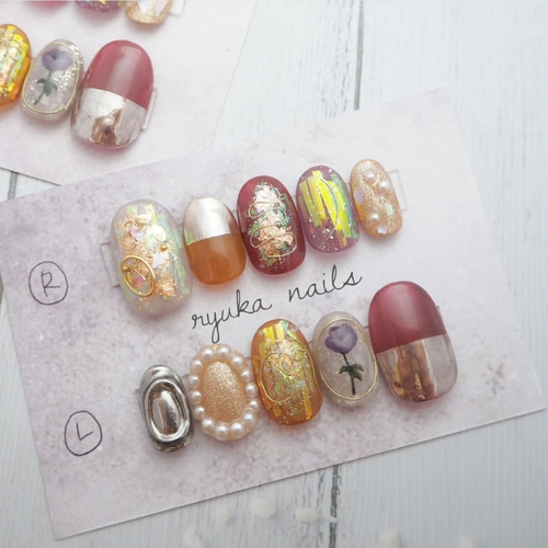 ワイヤーとお花のニュアンスネイル ネイルチップ（つけ爪