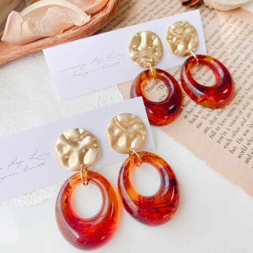 1142 カラフル べっ甲 ゴールド パール ピアス イヤリング
