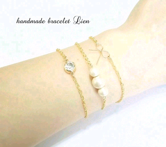 bracelet３点set ribbon/cottonpearl/stone 1枚目の画像