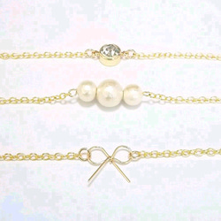 bracelet３点set ribbon/cottonpearl/stone 5枚目の画像