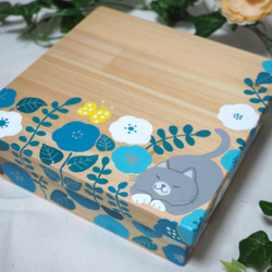 ヒノキのランチボックス【猫とお花（青）】 1枚目の画像