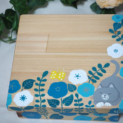 ヒノキのランチボックス【猫とお花（青）】 8枚目の画像