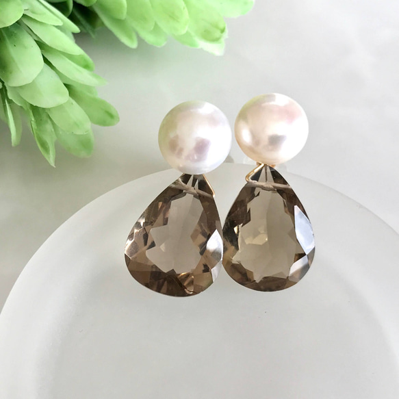 K14GF Freshwater pearl and Smoky quartz earrings 第1張的照片